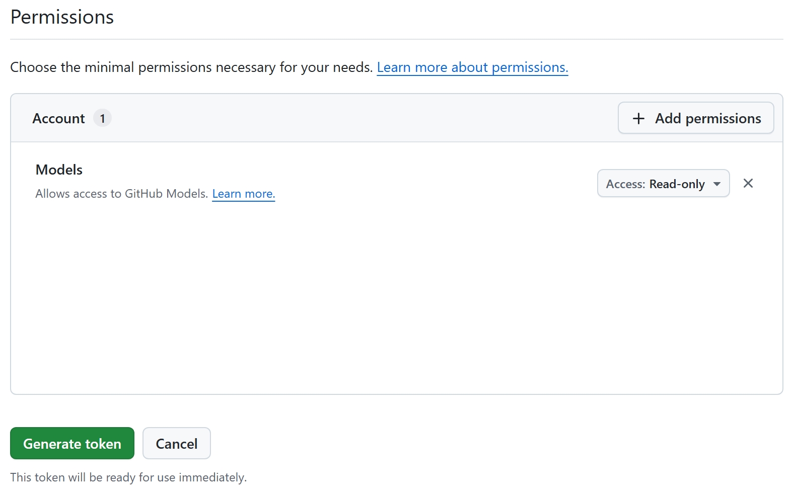 GitHub fine-grained PAT permissions showing Account permission Models set to Read-only